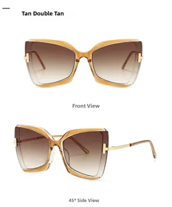 Detailansicht der braunen Schmetterlings-Sonnenbrille mit goldenem T-Dekor aus zwei Perspektiven