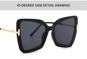 45-Grad-Seitenansicht der schwarzen Cat-Eye-Sonnenbrille mit goldenem T-Scharnier