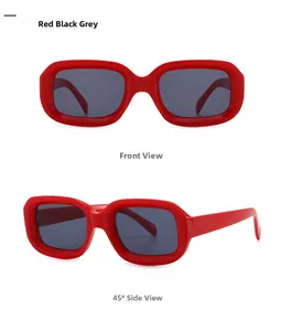 Front and 45-degree side views of retro red rectangular frame sunglasses with grey lenses