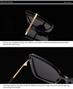 Detailansicht der UV-Gläser und hochwertigen Gold-Metallscharniere der Schmetterlings-Sonnenbrille