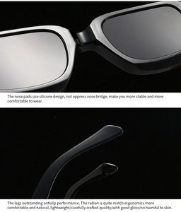 Detail view of comfortable silicone nose pads and ergonomic non-slip temples of black sunglasses