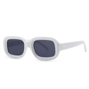 Modern white thick rectangle frame sunglasses with dark grey lenses in 45-degree view