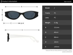 Detailed size chart for retro rhombus sunglasses with specific frame and lens dimensions