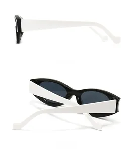 Detailed side and back views of retro oval sunglasses with white wide temple design