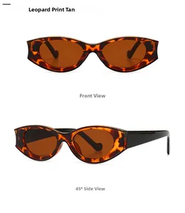 Detail view of leopard print oval sunglasses with tan lenses and diamond metal logo