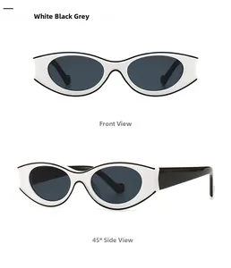 Detail of white oval sunglasses with black temples and grey lenses shown in dual views
