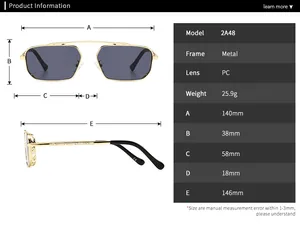 Detailed size chart and dimensions of retro square metal sunglasses with technical specs