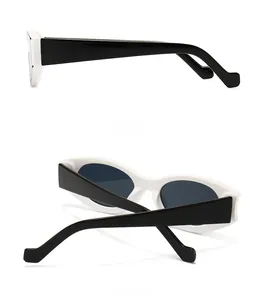 Side and back view of retro oval cat-eye sunglasses with white frame and black temples