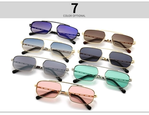 Flat lay of retro rectangle metal sunglasses in seven different color variations