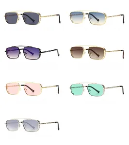 Detailed flat lay of modern vintage rectangular sunglasses in seven distinct color options