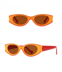 Front and side view of retro cat-eye sunglasses with orange and red frame and tan lenses