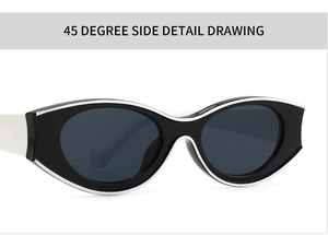 45 degree side detail of retro cat-eye sunglasses with black and white contrast frame
