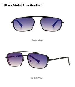 Detail of square black sunglasses with violet blue gradient lenses and hollow mesh frame