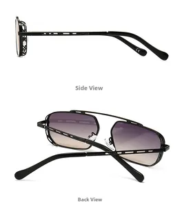 Detail of pilot sunglasses showing metal frame openwork pattern and gradient lenses