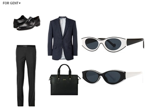 Flat lay of oval sunglasses paired with navy pinstripe suit and black leather accessories