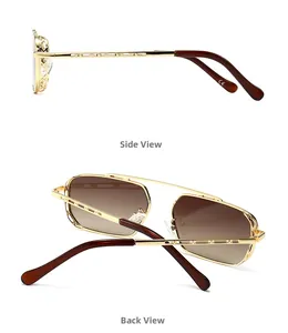 Detail view of gold metal square sunglasses with brown gradient lenses and CE mark