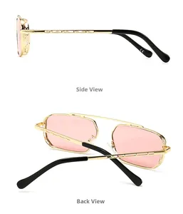Detailed side and back view of gold frame sunglasses with pink gradient lenses