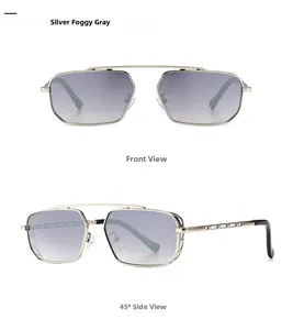 Detail view of silver polygonal sunglasses with gradient fog grey lenses and double bridge