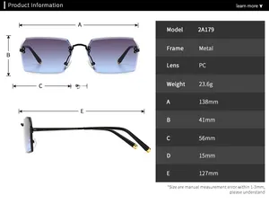 Detailed size chart and technical specifications for square frame rimless sunglasses