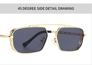 Detail view of gold metal double bridge frames with hollow temples on retro sunglasses