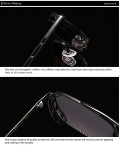 Detail of metal hinge and reinforced UV protection lens on retro square sunglasses