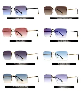 Detailed grid view of eight colorful rimless sunglasses with geometric cut lenses and gold temples