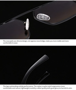 Detail of ergonomic black sunglasses legs and soft silicone nose pads for comfort