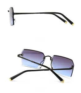 Side and back view of retro rimless sunglasses with blue-purple gradient lenses