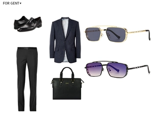 Mens business suit with navy pinstripe blazer, black leather shoes, and metal sunglasses