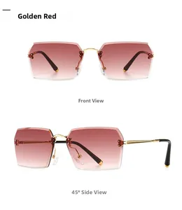 Front and side view of rimless rectangular sunglasses with gold temples and red lenses