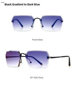 Detail view of rectangular frameless sunglasses with blue gradient lenses and metal hinges