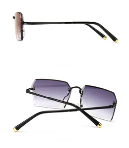 Detailed side and back view of rimless rectangular sunglasses with purple gradient lenses