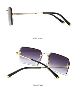 Detail view showing side and back angles of vintage rectangle rimless sunglasses