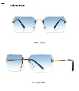 Detail view of gold rimless sunglasses with blue gradient lenses in front and side angles