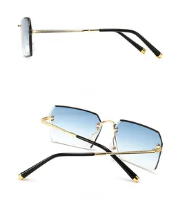 Side and back view of rimless geometric sunglasses with blue gradient lenses and gold temples