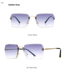 Front and side view of frameless rectangular sunglasses with purple gradient lenses