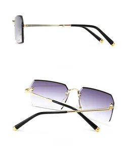 Detail view of purple gradient frameless sunglasses with golden metal temples and side profile
