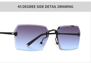 Detail of rimless polygon sunglasses with gradient purple to blue lenses and metal frame