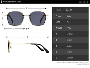 Detailed size chart of vintage metal sunglasses with precise technical measurements