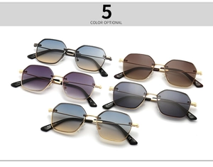Detailed view of octagonal rimless sunglasses in five assorted gradient colors and metal frames