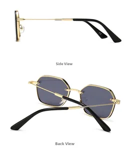 Detail view of gold metal polygonal sunglasses showing side and back frames with CE mark