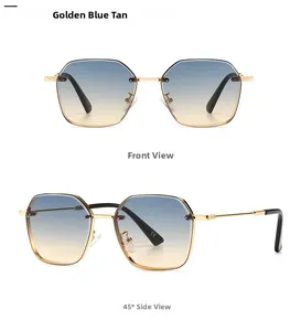 Front and 45-degree side view of golden hexagonal sunglasses with blue tan gradient lenses