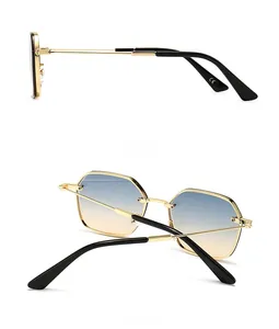 Side and back view of retro polygon metal sunglasses with blue to orange gradient lenses