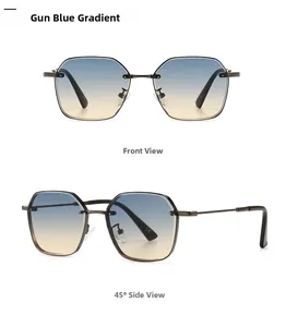 Front and 45-degree side view of gunmetal geometric frame sunglasses with blue-tea lenses