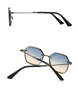 Side and back view of retro octagonal sunglasses with gradient blue lenses and metal frame