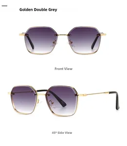 Detailed front and side views of rimless geometric sunglasses with gold-tone frames