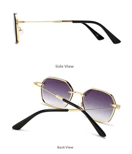 Detail view showing side and back angles of gold metal polygon sunglasses with purple lenses