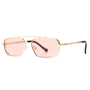 Modern retro square sunglasses with gold metal hollow frame and light pink lenses