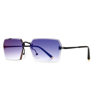 Modern rimless rectangular sunglasses with purple gradient lenses and black metal frames