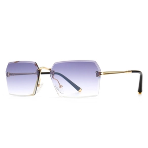 Modern rectangle rimless sunglasses with gradient purple lenses and gold metal temples